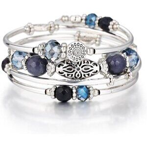 Boho beaded bracelet stack silver layered wrap crystal bangle fashion jewelry